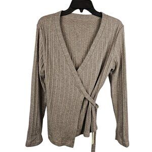 Womens Retro Cottage Core Simple Knit Ribbed Wrap Style Cardigan Sweater OGL LG